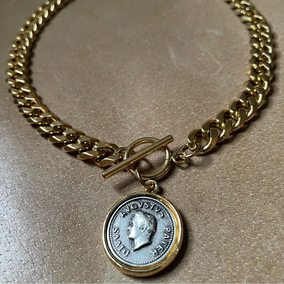 Gold silver plated Roman augustus coin gold plated curb chain toggle choker - Picture 4 of 8